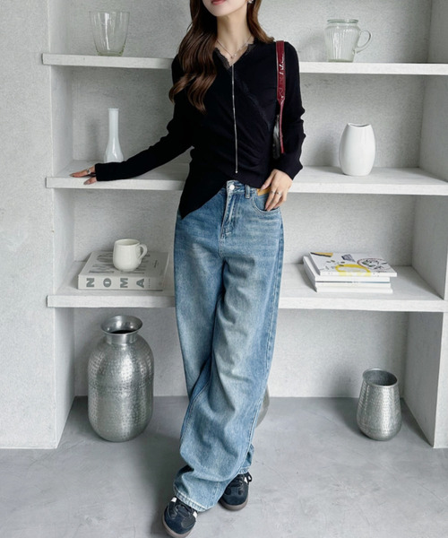 Ada.(エイダ)の「カシュクール レース Vネック リブニット トップス(ニット/セーター・レディース・ブラック/オフホワイト/グレー・FREE)」の11枚目の写真