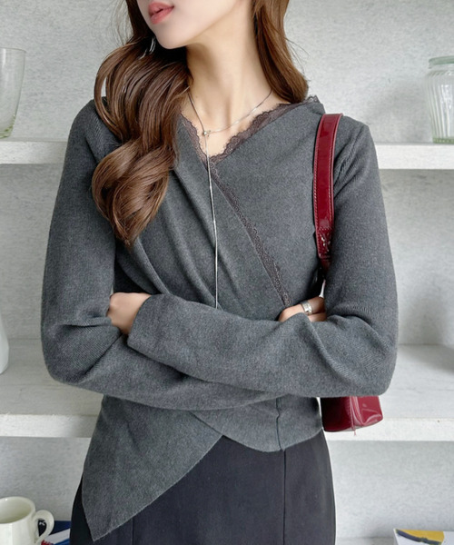 Ada.(エイダ)の「カシュクール レース Vネック リブニット トップス(ニット/セーター・レディース・ブラック/オフホワイト/グレー・FREE)」の14枚目の写真