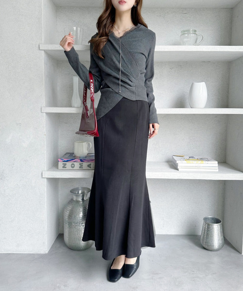Ada.(エイダ)の「カシュクール レース Vネック リブニット トップス(ニット/セーター・レディース・ブラック/オフホワイト/グレー・FREE)」の19枚目の写真