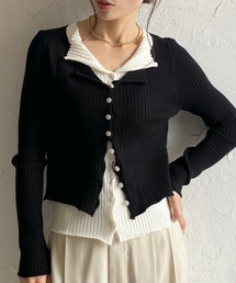 She's Closet（シーズクローゼット）の「ショート丈長袖バイカラーレイヤード風配色リブニットカーディガン（カーディガン/ボレロ）」