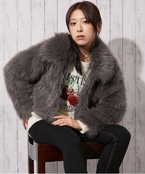 専用　ファー長袖プルオーバー　濃グレー セール】《ボリューム衿×ふわふわフェイクファー》レディース ファー