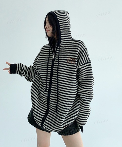 韓国ファッション OISISフェイクレザーラベル付きジップアップボーダー