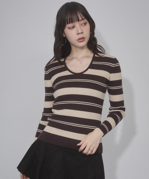 ENVYM（アンビー）の「マルチボーダーVネックタイトニット（ニット/セーター・レディース・ブラウン/ホワイト/グレー・FREE）」の19枚目の写真