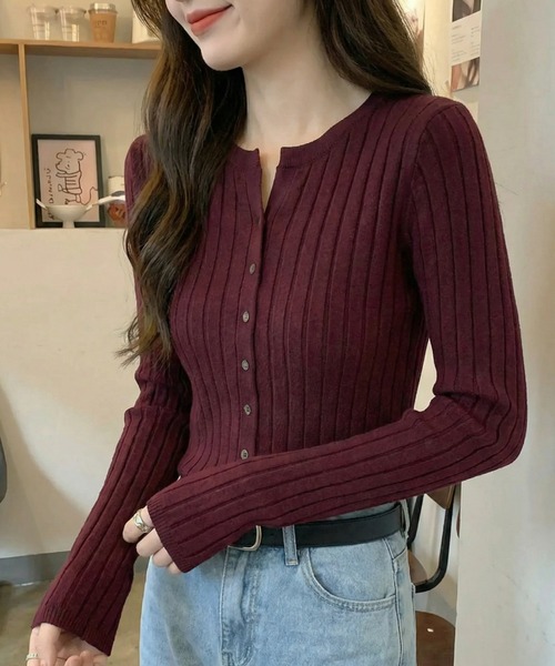 cammie(キャミー)の「ボタンデザインリブトップス(ニット/セーター・レディース・ワインレッド/イエロー/ネイビー・F)」の3枚目の写真