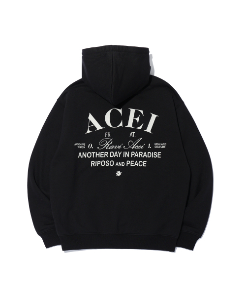 ACEI(アセイ)の「クラシックレタリングフードパーカー ブラック(UNI)(パーカー・メンズ・ブラック・SMALL/MEDIUM/LARGE)」の2枚目の写真