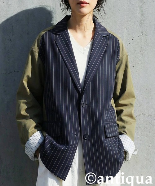 antiqua（アンティカ）の「異素材切り替え ジャケット（テーラードジャケット・レディース・グレー系その他/ネイビー系・ONESIZE）」の2枚目の写真