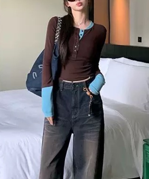 ampm(エーエムピーエム)の「配色カフス×ヘンリーネック リブフィットトップス(Tシャツ/カットソー・レディース・ピンク/ブラウン・FREE)」の13枚目の写真