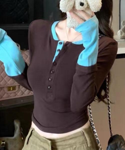 ampm(エーエムピーエム)の「配色カフス×ヘンリーネック リブフィットトップス(Tシャツ/カットソー・レディース・ピンク/ブラウン・FREE)」の19枚目の写真