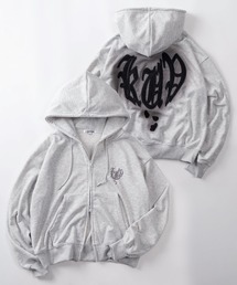 SlashDate（スラッシュデイト）の「【82】スプレーハートロゴ ショート丈 ジップパーカー/ワンポイント刺繍/裏毛/ダブルジップ/メンズ/レディース/ユニセックス（パーカー）」