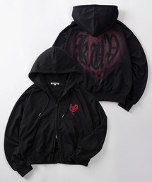 SlashDate（スラッシュデイト）の「【82】スプレーハートロゴ ショート丈 ジップパーカー/ワンポイント刺繍/裏毛/ダブルジップ/メンズ/レディース/ユニセックス（パーカー）」