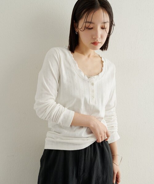 Omekashi(オメカシ)の「針抜きロングTシャツ(Tシャツ/カットソー・レディース・オフホワイト/ブラック/ライトグレー・FREE)」の2枚目の写真