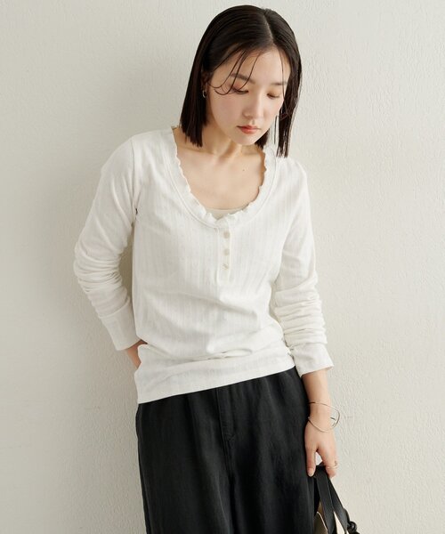 Omekashi(オメカシ)の「針抜きロングTシャツ(Tシャツ/カットソー・レディース・オフホワイト/ブラック/ライトグレー・FREE)」の4枚目の写真