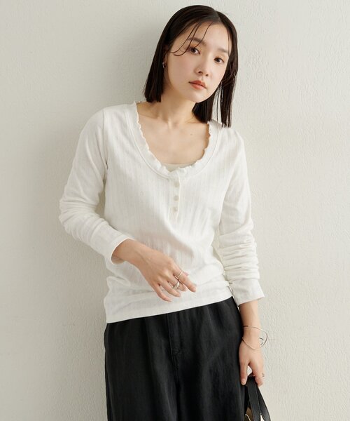 Omekashi(オメカシ)の「針抜きロングTシャツ(Tシャツ/カットソー・レディース・オフホワイト/ブラック/ライトグレー・FREE)」の5枚目の写真