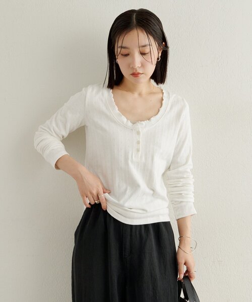 Omekashi(オメカシ)の「針抜きロングTシャツ(Tシャツ/カットソー・レディース・オフホワイト/ブラック/ライトグレー・FREE)」の6枚目の写真