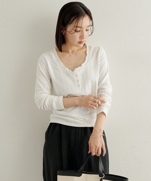 Omekashi(オメカシ)の「針抜きロングTシャツ(Tシャツ/カットソー・レディース・オフホワイト/ブラック/ライトグレー・FREE)」の7枚目の写真