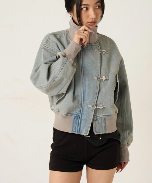 WHO'S WHO gallery（フーズフーギャラリー）の「ファイヤーマンショートブルゾン(フェイクレザー/デニム)（ブルゾン・レディース・ブラック/サックスブルー/ホワイト/ブラウン/ブラック系その他・FREE）」の12枚目の写真