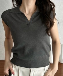 【Eclat one】ノースリーブ ショート丈 スキッパー ニット