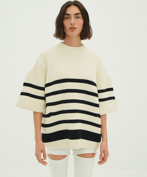 CLANE（クラネ）の「OVER HALF SLEEVE KNIT TOPS（ニット/セーター・レディース・グリーン/ブラック/ホワイト系・1/2）」の5枚目の写真