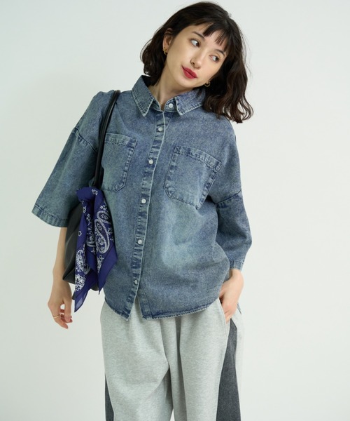 A.D.C.L.(エーディーシーエル)の「ダブルポケット 半袖 デニム ビッグシャツ(シャツ/ブラウス・レディース・サックスブルー/ブルー・L/M)」の22枚目の写真