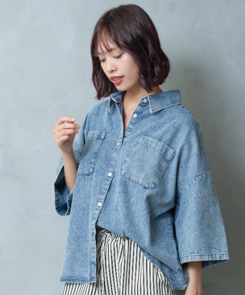 A.D.C.L.(エーディーシーエル)の「ダブルポケット 半袖 デニム ビッグシャツ(シャツ/ブラウス・レディース・サックスブルー/ブルー・L/M)」の22枚目の写真