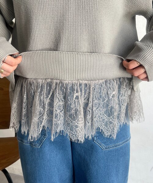 un dix cors(アンディコール)の「裾レースニットレイヤードプルオーバー(ニット/セーター・レディース・オフホワイト/グレー/ブラック・FREE)」の4枚目の写真