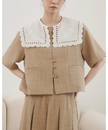 moi tytto（モイテュット）の「レース襟取り外し半袖ジャケット【セットアップ着用可能】（ノーカラージャケット）」