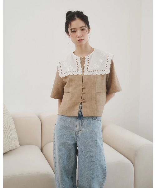 moi tytto(モイテュット)の「レース襟取り外し半袖ジャケット【セットアップ着用可能】(ノーカラージャケット・レディース・ベージュ/ナチュラル・SMALL/FREE)」の21枚目の写真