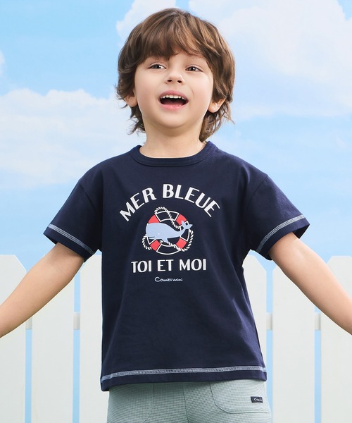combimini(コンビミニ)の「デイリーTシャツ(マリン)(Tシャツ/カットソー・キッズ・オフホワイト/ネイビー・130/120/110/100/90/80)」の2枚目の写真