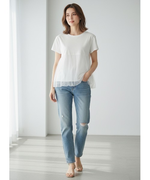 Belta attrice(ベルタアトリーチェ)の「裾バルーンチュール切り替え半袖カットソー(Tシャツ/カットソー・レディース・ブラック/ネイビー/ホワイト・FREE)」の4枚目の写真