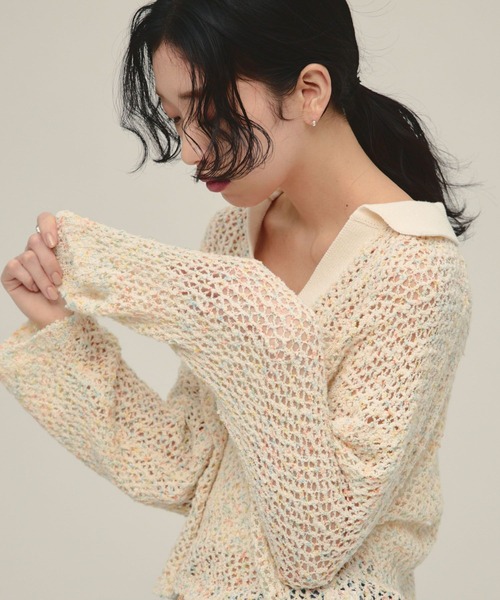 eL（エル）の「【eL】3G Mix Nep Polo/660172（ニット/セーター・レディース・ネイビー/グレー系その他/アイボリー・FREE）」の2枚目の写真