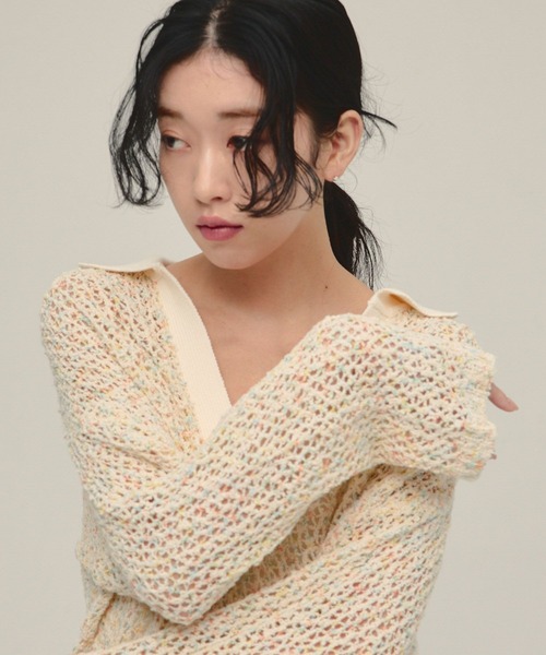 eL（エル）の「【eL】3G Mix Nep Polo/660172（ニット/セーター・レディース・ネイビー/グレー系その他/アイボリー・FREE）」の7枚目の写真