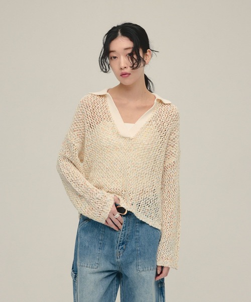 eL（エル）の「【eL】3G Mix Nep Polo/660172（ニット/セーター・レディース・ネイビー/グレー系その他/アイボリー・FREE）」の5枚目の写真