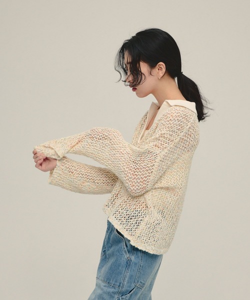 eL（エル）の「【eL】3G Mix Nep Polo/660172（ニット/セーター・レディース・ネイビー/グレー系その他/アイボリー・FREE）」の6枚目の写真