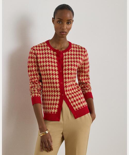 ハロッズ HARRODS★エレガンス　ニットカーディガン★レッド★春羽織に！ ハウンドトゥース ジャカード カーディガン（カーディガン/ボレロ