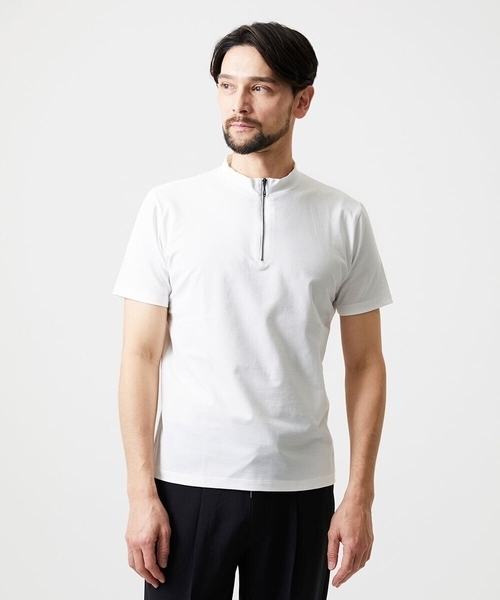 MICHEL KLEIN HOMME (ミッシェルクランオム)の「モックネックハーフジップ半袖カットソー(Tシャツ/カットソー・メンズ・ホワイト/ブラック・MEDIUM/X-LARGE/LARGE)」の2枚目の写真