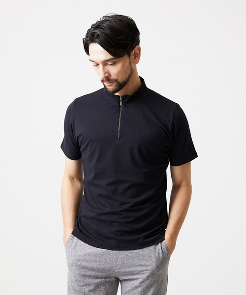 MICHEL KLEIN HOMME (ミッシェルクランオム)の「モックネックハーフジップ半袖カットソー(Tシャツ/カットソー・メンズ・ホワイト/ブラック・MEDIUM/X-LARGE/LARGE)」の1枚目の写真