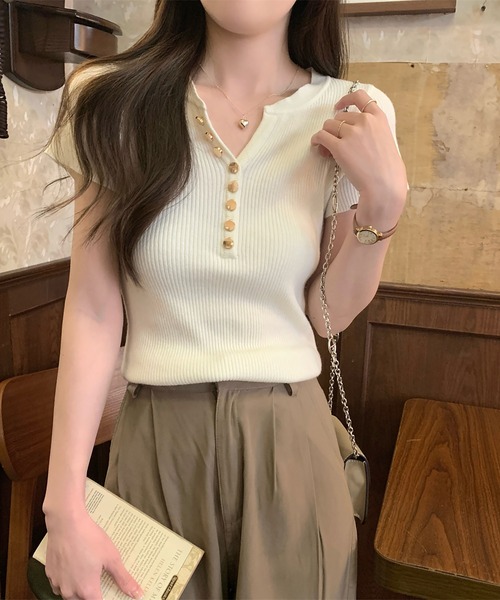 Girly Doll(ガーリードール)の「ゴールドボタンキーネック半袖リブニット(Tシャツ/カットソー・レディース・ピンク/ベージュ/モカ/ブラック・FREE)」の9枚目の写真