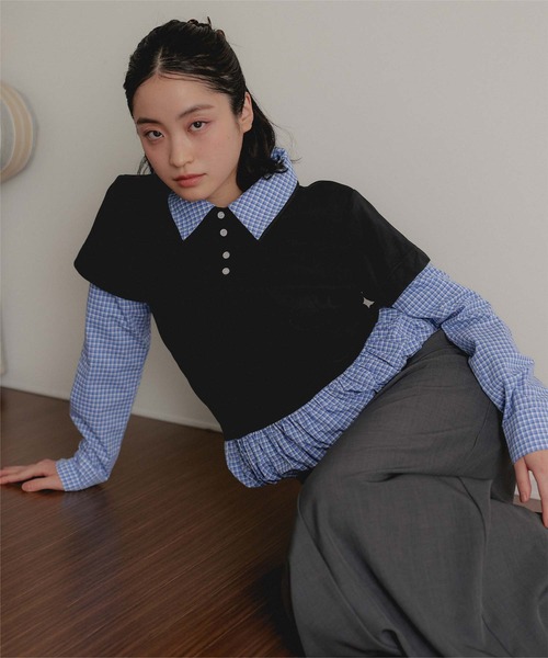 miette（ミエット）の「レイヤード風裾バルーンポロ襟トップス（Tシャツ/カットソー・レディース・ネイビー/グレー/ブラック・FREE）」の2枚目の写真