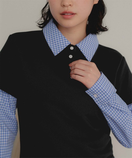 miette（ミエット）の「レイヤード風裾バルーンポロ襟トップス（Tシャツ/カットソー・レディース・ネイビー/グレー/ブラック・FREE）」の4枚目の写真