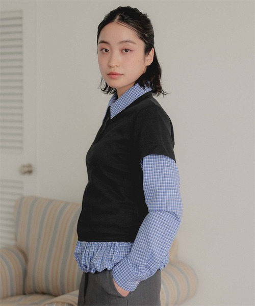 miette（ミエット）の「レイヤード風裾バルーンポロ襟トップス（Tシャツ/カットソー・レディース・ネイビー/グレー/ブラック・FREE）」の5枚目の写真