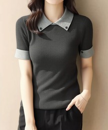 配色ポロカラー半袖リブニット