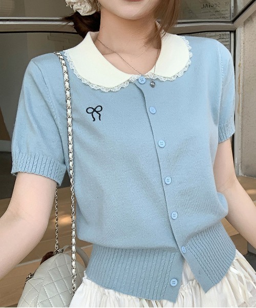 &soiree(アンドソワレ)の「リボン刺繍入り丸襟半袖カーディガン(カーディガン/ボレロ・レディース・サックスブルー/グレー/オフホワイト・SMALL/MEDIUM/LARGE/X-LARGE)」の6枚目の写真