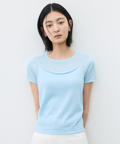 SUARE WOMEN(スアレウーマン)の「(ウィメンズ)ベイルリネンレイヤードニット(SET)ライトブルー(Tシャツ/カットソー・レディース・ライトブルー・SMALL/MEDIUM)」の1枚目の写真