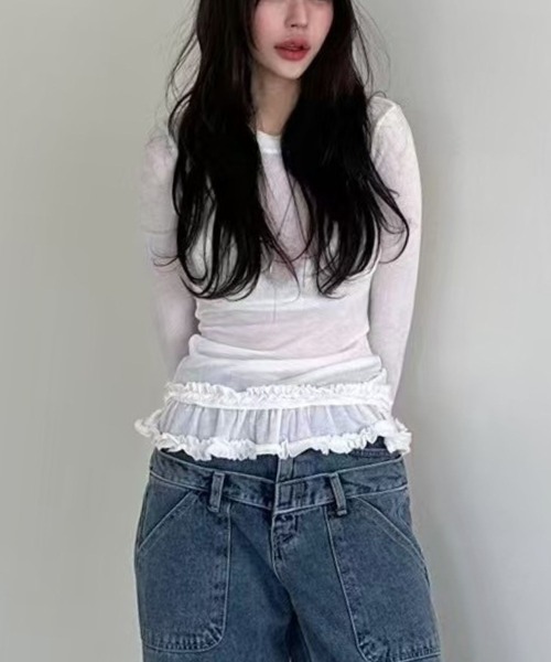 VIBGYOR（ヴィブジョー）の「【TUNE】シアーフレアカットソー（Tシャツ/カットソー・レディース・ホワイト/ピンク・FREE）」の8枚目の写真
