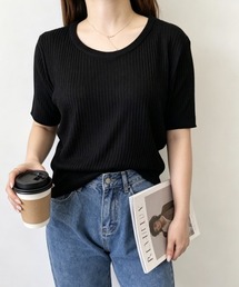 リブニットップス きれいめ 韓国風 夏服