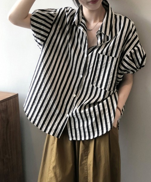 Miniministore(ミニミニストア)の「ストライプ半袖シャツレディース体型カバー(シャツ/ブラウス・レディース・グリーン/ブラック・L/M)」の22枚目の写真
