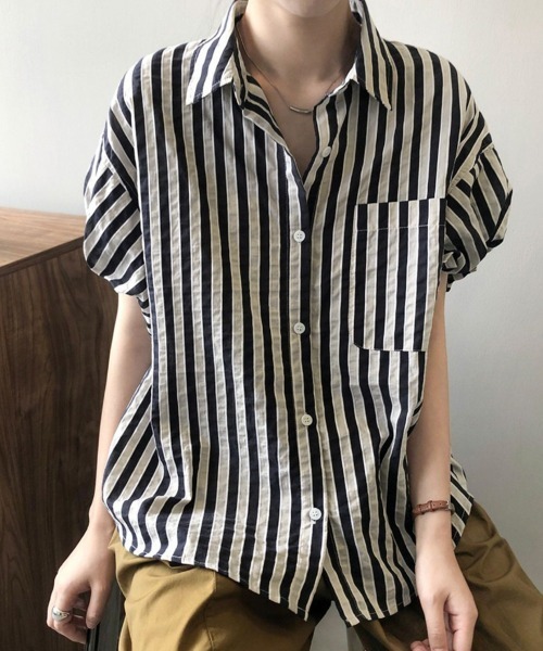 Miniministore(ミニミニストア)の「ストライプ半袖シャツレディース体型カバー(シャツ/ブラウス・レディース・グリーン/ブラック・L/M)」の3枚目の写真