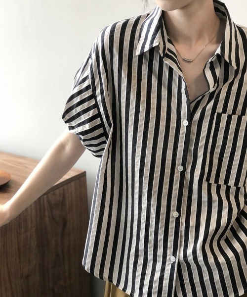 Miniministore(ミニミニストア)の「ストライプ半袖シャツレディース体型カバー(シャツ/ブラウス・レディース・グリーン/ブラック・L/M)」の4枚目の写真