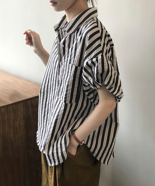 Miniministore(ミニミニストア)の「ストライプ半袖シャツレディース体型カバー(シャツ/ブラウス・レディース・グリーン/ブラック・L/M)」の5枚目の写真