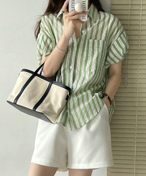 Miniministore(ミニミニストア)の「ストライプ半袖シャツレディース体型カバー(シャツ/ブラウス・レディース・グリーン/ブラック・L/M)」の6枚目の写真